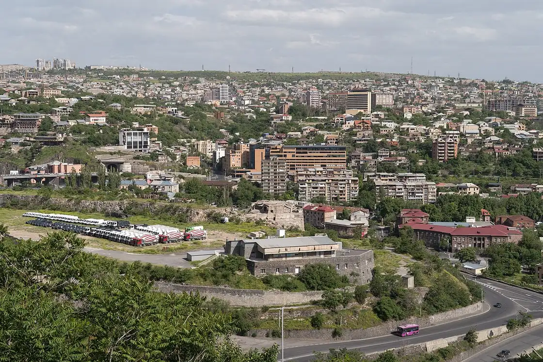 A wide view over the rooftops of central Yerevan from the Mother Armenia hilltop on a clear day